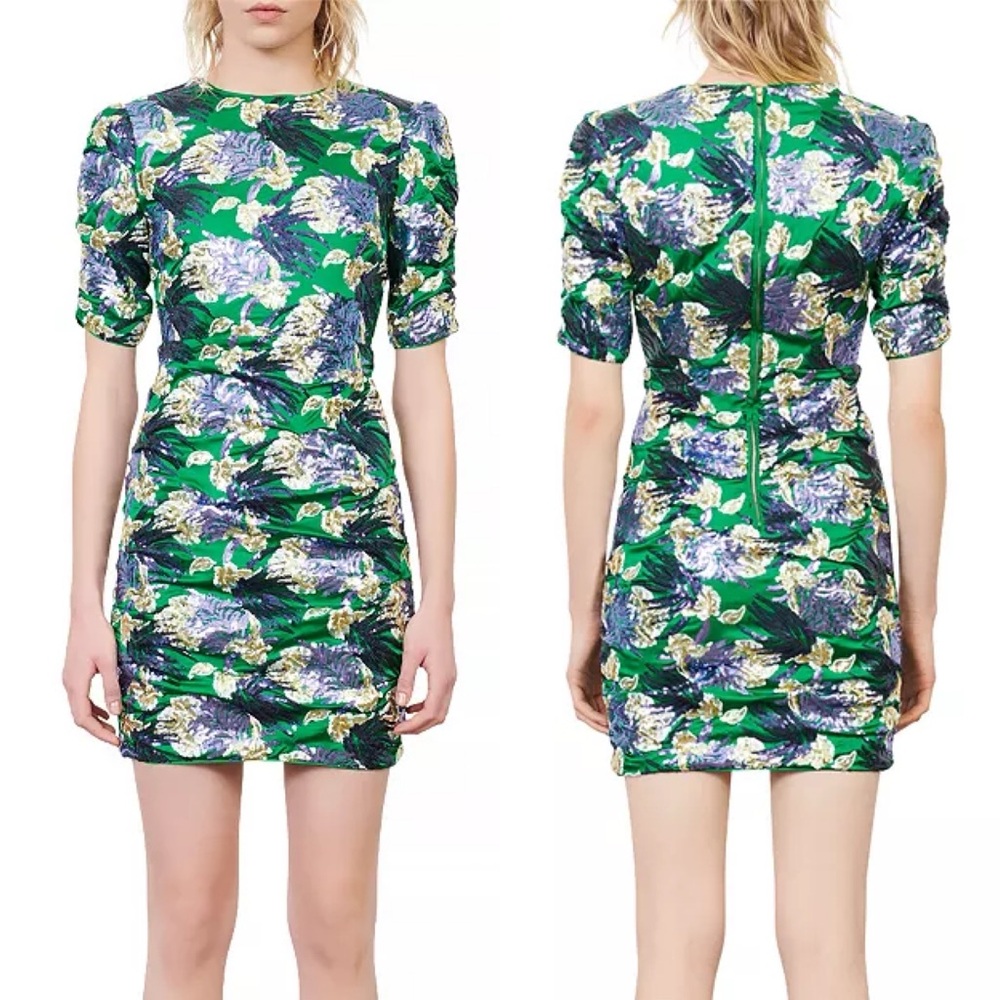 Maje Razul Embroidered Sequin Mini Dress green purple party nye cocktail